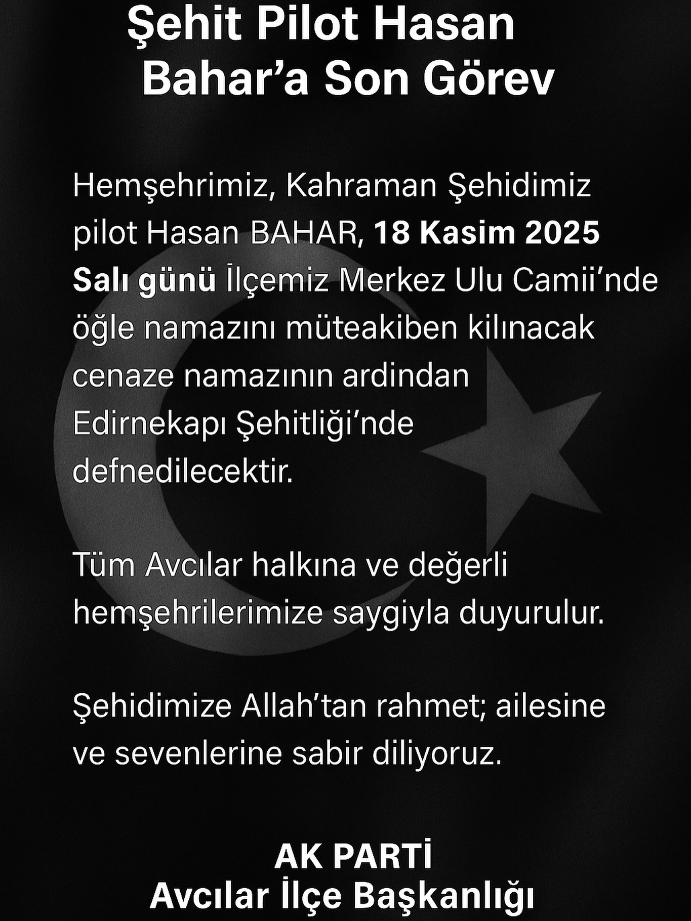 Şehidimiz Pilot Hasan Bahar’ın cenaze namazı